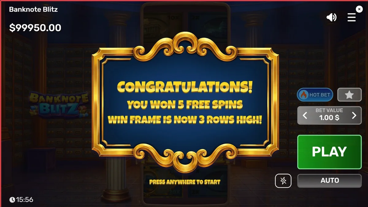 Interface luxuosa do slot Banknote Blitz com moldura dourada e notas bancárias