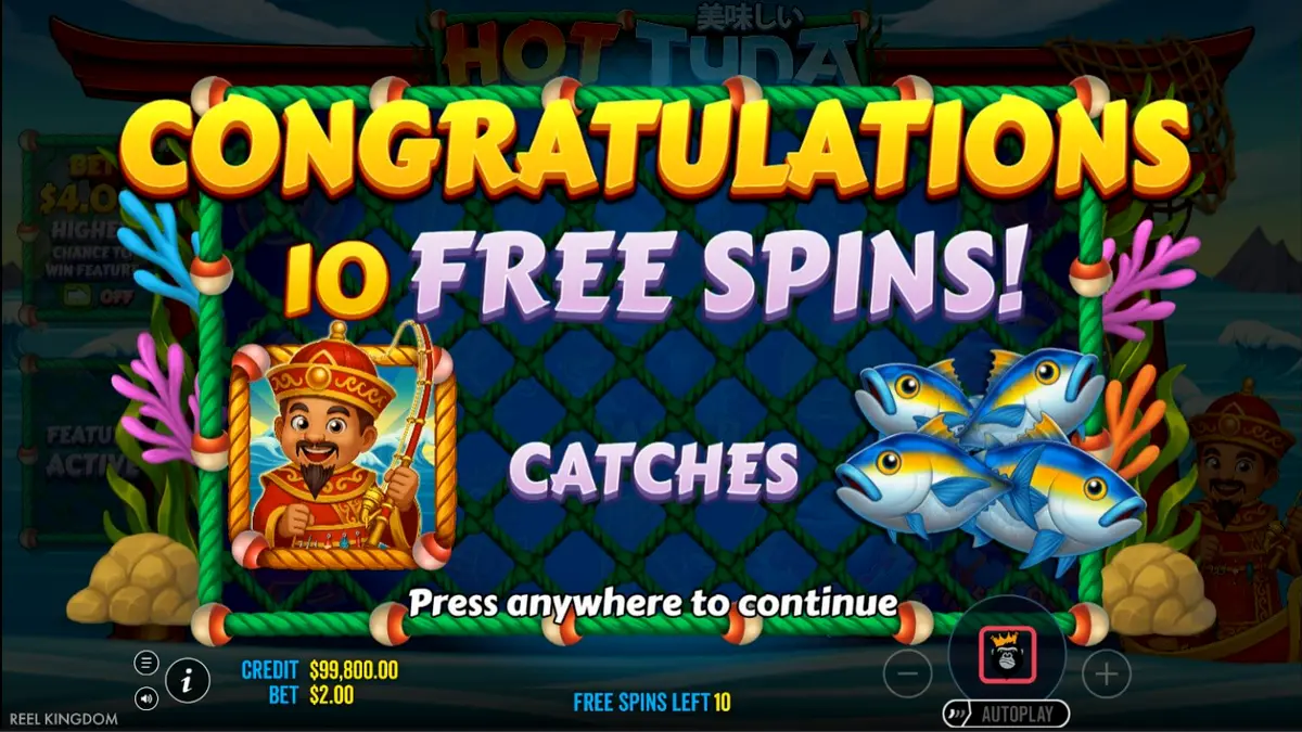 Interface do jogo de slot Hot Tuna com tema de pesca asiática