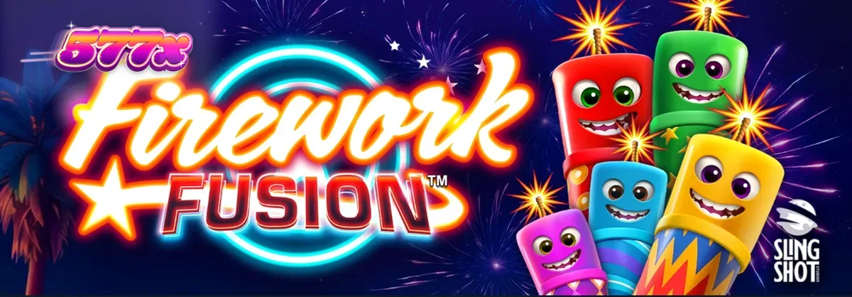 Firework Fusion slot game interface with vibrant beachside carnival theme